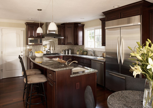 Blue Eyes with Cabernet Cherry Finish Cabinets and Ceramic Backsplash